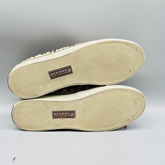 Sperry Shoes Women 7.5 Brown Leather Calf Hair Top Sider Leopard Print Boat Deck - Picture 10 of 13